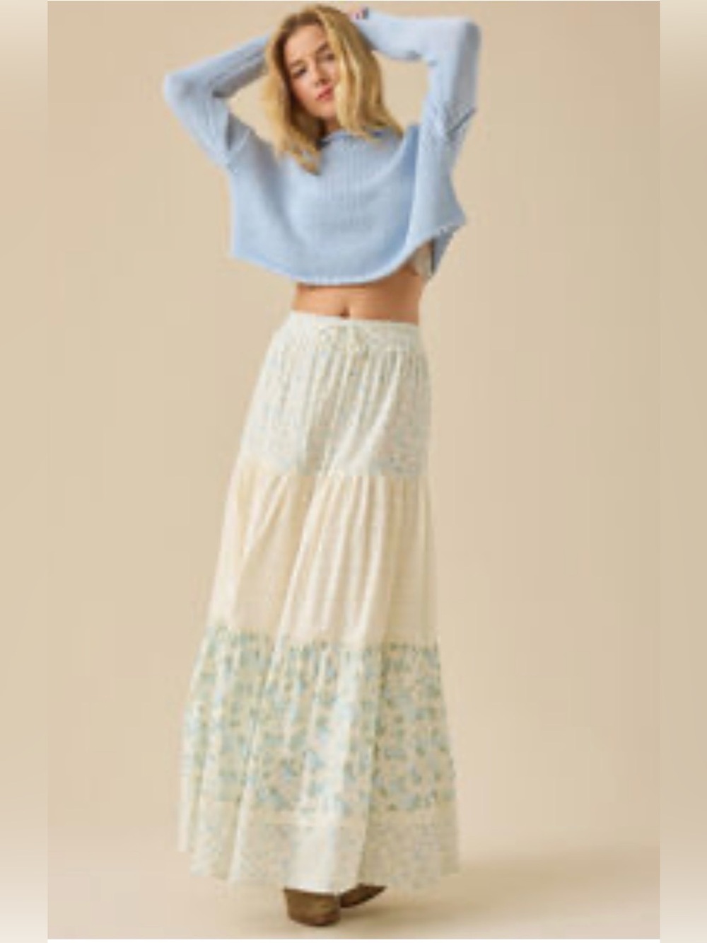 Altar'd State Cream and Light Blue Tiered Maxi Skirt